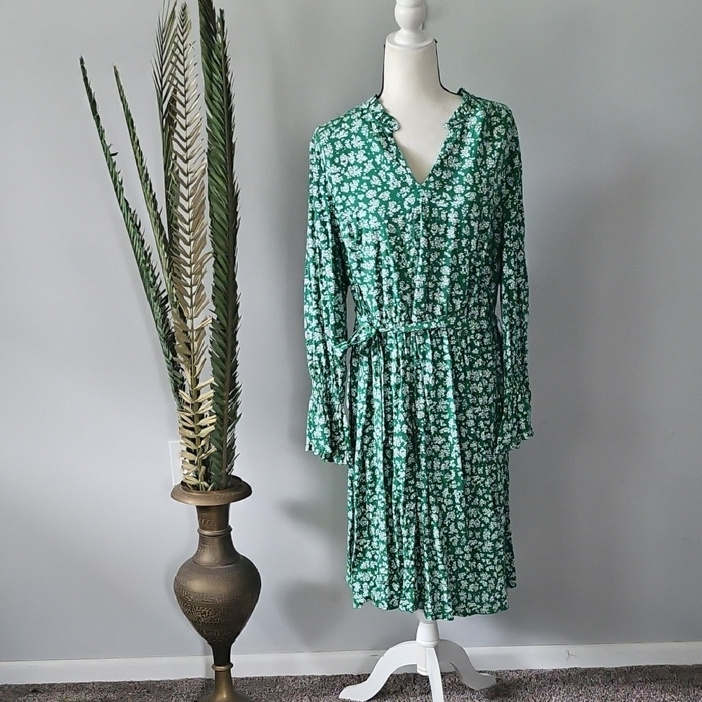 ellos Green and White Print Long Sleeve Dress